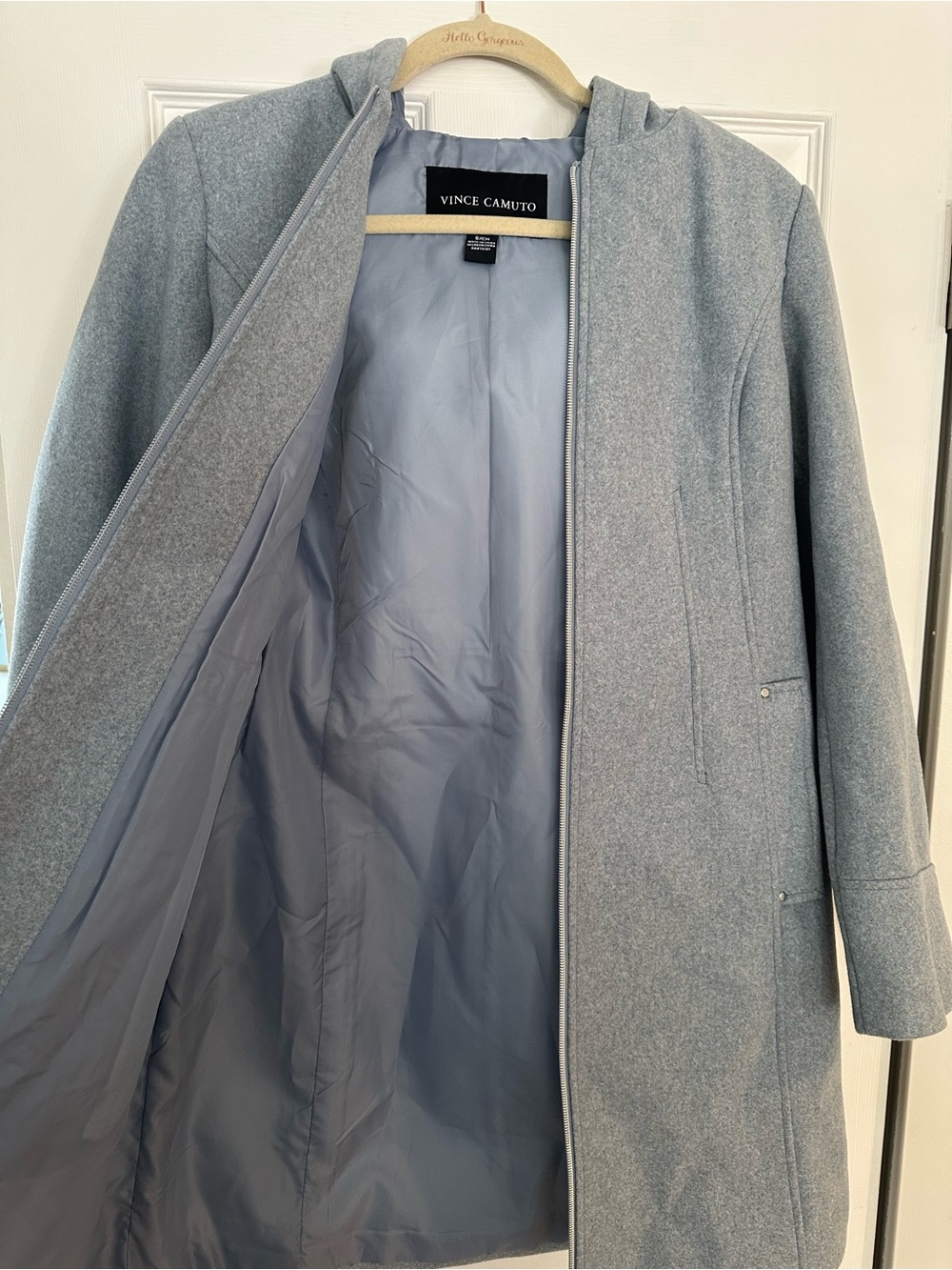 Vince Camuto Light Gray/Blue Hooded Wool-Blend Pea Coat